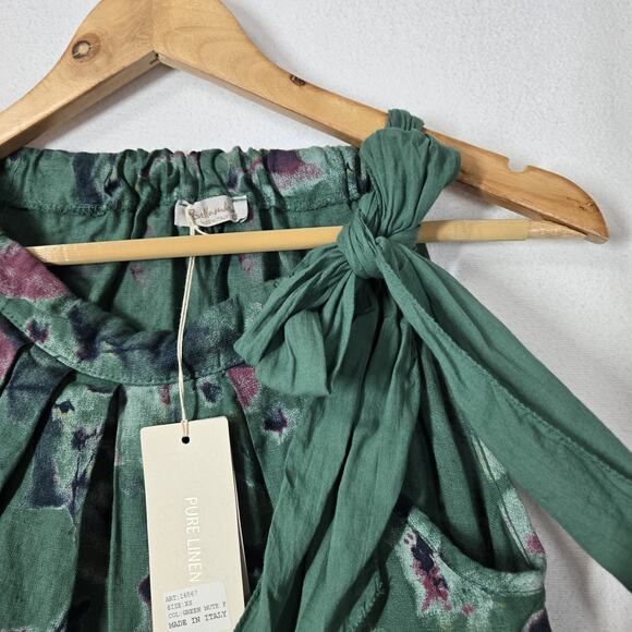 Bellambra Pure Linen Shift Dress sz XS Green Print Sleeveless Tie Neck Italy - Picture 5 of 12